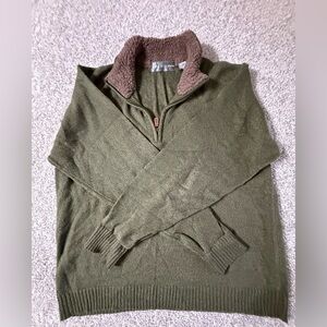 Oscar de la Renta Men’s Sherpa Collared Green Brown Quarter-Zip Sweater Size XL
